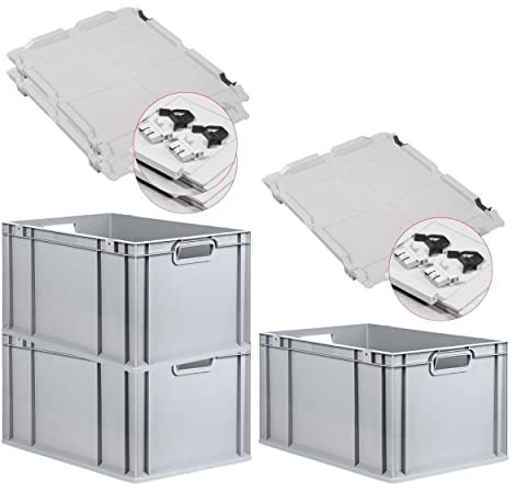 PROREGAL SuperSparSet 3x Eurobox NextGen Grip mit Scharnierdeckel und schwarzen Schiebeschnappverschlüssen, HxBxT 32x40x60cm, 65 L, Grau, Griffe offen, Eurobehälter, Transportbox