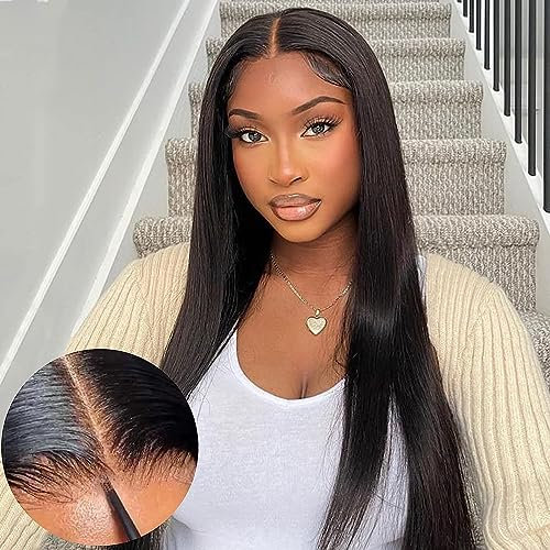 Glueless 4x4 HD Lace Human Hair Wig ,Wear and Go Wig Lace Wig 24 Zoll Straight Echthaar Perücke Für Damen, 100% Brasilianisches Echthaar in Natürlicher Schwarzer Farbe with Pre-Cut Lace Wigs