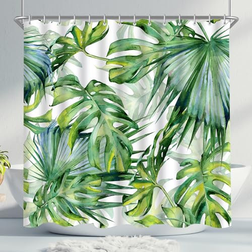 Lerores Duschvorhang 100x200cm Grün Blätter Pflanze, Beschwerter Saum Antischimmel Textil, Wasserdicht, Waschbar Polyester Stoff Badevorhänge mit Ösen und 8 Duschvorhangringe für Badezimmer, Badewanne