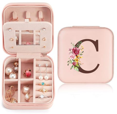 Schmuckkästchen Klein Reise für Damen Mädchen, Schmuckkasten mit initiale C, Mini Schmuckschatulle mit Spiegel für Ringe, Ohrringe, Halskette für Damen Geschenk für Geburtstag, Weihnachten, Muttertag