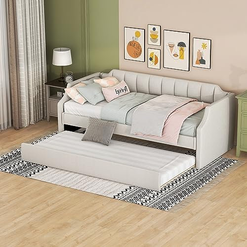 ZYLOYAL10 Upholsteed Bett 90 x 200 (190) cm mit Bettkasten, Funktionsbett, Jugendbett, Gästebett, Tagesbett, ausziehbares Schlafsofa (Beige)