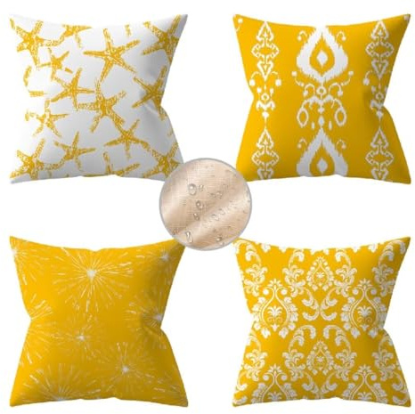Outdoor Kissen Gelb Kissenbezug 45x45 cm Kopfkissen 4er Set Sofakissen Wetterfest Kissenhülle Dekokissen Geometrie Kissenbezüge Quadratische Leinen Couch Zierkissen für Gartenmöbel Zuhause Dekor F891