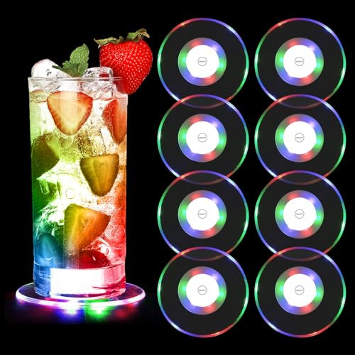 Infreecs 8 Stück Bunt Led Untersetzer, 3 Beleuchtungsmodi Leuchtende Untersetzer, Acryl Rund wasserdichte Leuchtuntersetzer, Led Untersetzer für Gläser, Flaschen, Partys, Bar, Hochzeiten, Festival