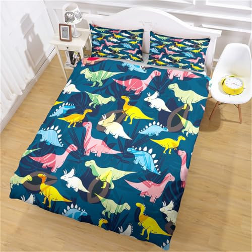 SUNAIAD Kinder Bettwäsche 135x200 Dino Bettwäsche Junge Dinosaurier Mädchen 135x200 Bettbezüge Set + 1 Kissenbezüge 80x80cm Karikatur BettenJugendliche Raumdekoration Niedliche