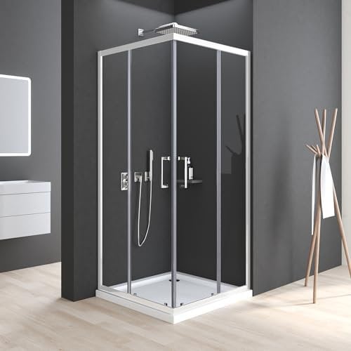 Duschkabine 90x90cm Eckeinstieg Weiß mit Schiebetüren 6mm ESG Sicherheitsglas Duschabtrennung Dusche Duschwand Höhe 185cm ohne Duschtasse