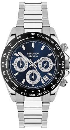 SEKONDA Classic Circuit Herren-Chronograph, 43 mm, analog, Datumsanzeige, silberfarbenes Edelstahlarmband, 30200