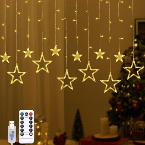 Lewondr 138 LED Stern Vorhang Lichter, Hängende Lichterkette mit 6H Timer & 8 Modi, USB & Fernbedienung Zeichenfolge Lichter für Weihnachten Schlafzimmer Indoor Dekoration, Warme Licht