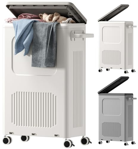 HAIXIN Plastic Laundry Basket with Lid - 50L Washing Basket with Wheels and Handle, Slim Dirty Clothes Basket 1 Pack, Large Laundry Hamper, Laundry Bin for Bathroom Bedroom Narrow Storage (Milk Grey)