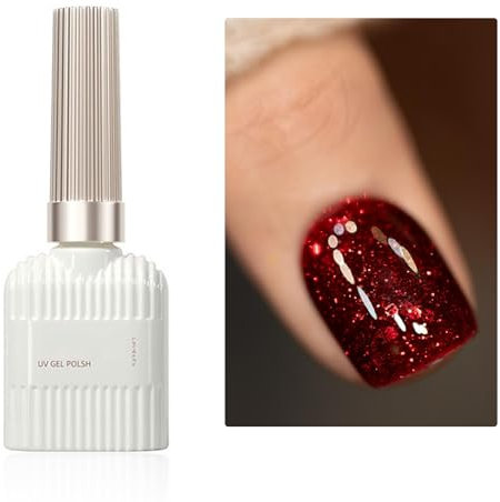 Christmas Gel Nail Polish - Highly Pigmented Santa Red Glitter, Shimmer UV/LED Soak Off Nail Gel for Salon & DIY at Home