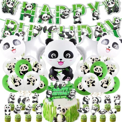 Panda Geburtstagsdeko,Panda Geburtstag Deko für Kinder mit Happy Birthday Banner Luftballons Panda Kuchen Topper für Jungen Mädchen Panda Thema Geburtstags Feier Babyparty