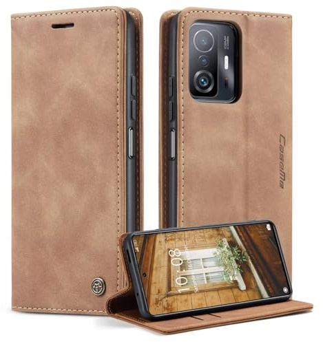 Handyhülle für Xiaomi 11T/Xiaomi 11T Pro Hülle, Klapphülle Premium Lederhülle Klappbar Flip Case Tasche Magnet Kartenfach Standfunktion Klapphülle Schutzhülle für Xiaomi 11T/Xiaomi 11T Pro,Braun