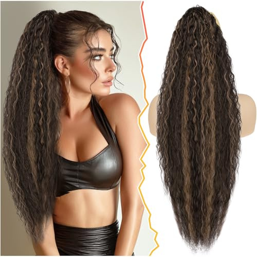 BARSDAR Largo Cola de Caballo Extensiones con Cordón, 76cm Ondulado Rizado Sintético Peine Clip in Coleta Postiza Pelo para Mujer Marrón Oscuro con Highlight Ponytail Extension Postizos