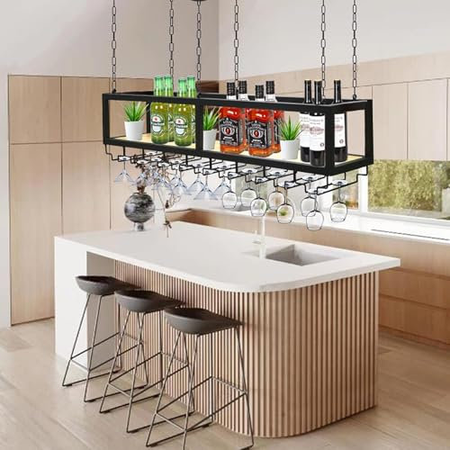 Etagere flottante pour le vin, support de vin en metal au plafond, avec tablette pour verres a pied, et support de bouteilles de vin a hauteur reglable, pour bar restaurant cafe(80*25*100cm)
