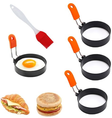 Egg Rings for Frying, 4 Pack Stainless Steel Egg Rings with Silicone Handle, Non Stick Egg Molds for Perfect Fried Eggs, Pancakes, Breakfast Cooking Tools, Kitchen Essentials