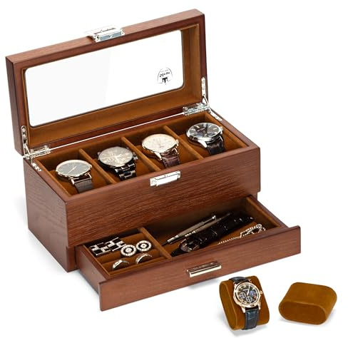 Slege Uhrenbox aus Holz mit 4 Schlitzen,2 Ebenen,Uhrenetui Herren,Handgefertigt Uhrenkasten mit Glasdeckel,Uhrenaufbewahrung für Uhren,Uhrengehäuse-Organizer,Uhrenbox-Organizer für Damen und Herren
