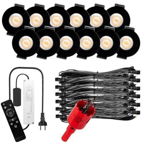 S-Polytec PREMIUM Mini LED- Einbauspots Warmweiß 3.000K, DIMMBAR, IP65, FUNK 3W Einbaustrahler Terrassenüberdachung, Bad, Sauna mit Fernbedienung (SCHWARZ, 12x LED-SET (Warmweiß))