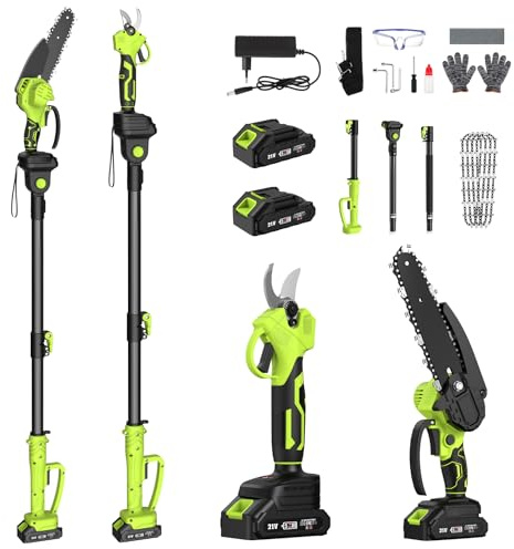 Kit de Tijeras de Podar Telescópicas y Motosierra Telescópica a Batería, 4 en 1 Podadora Electrica Herramientas de Jardín con Motorm 550 W, 2*4000 mAh Baterías, 4 Cadenas para Jardines Arbusto y Ramas