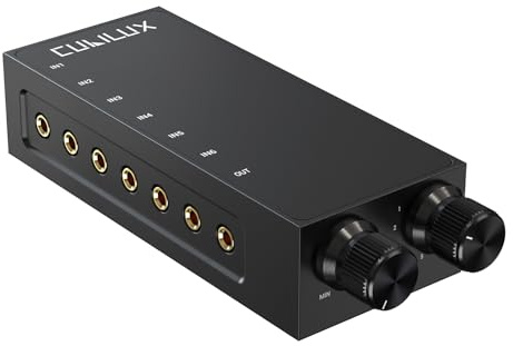 Cubilux 3.5mm 6-in-1 Stereo Audio Switcher with Volume Control & Mute, 6 Input to 1 Output Audio Selector Box Compatible with Headphones, Speakers, Laptop, PC, Smartphone, and Tablet