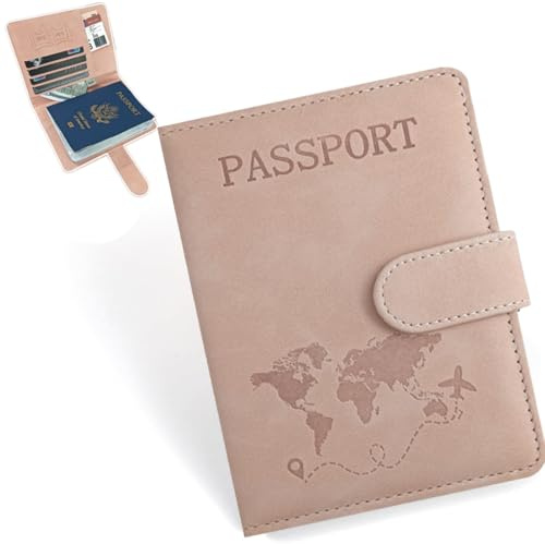 COYUN Custodia per Passaporto, Custodia Passaporto con Blocco RFID Porta Passaporti in pelle PU Copertina per Passaporti da Viaggio per Carte d'Identità Carte di Credito, Biglietti Aerei, Pass (Rosa)