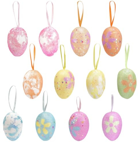 SOFPLATE 12 Stück 2 Verschiedene Mini Ostereier Zum Aufhängen Osterdekoration Bunte Glitzer Schaumstoff Eier Kleine Dekoration Für Frühlingsfeste Weihnachtsbaumschmuck Deko Für Zuhause Und Garten DIY