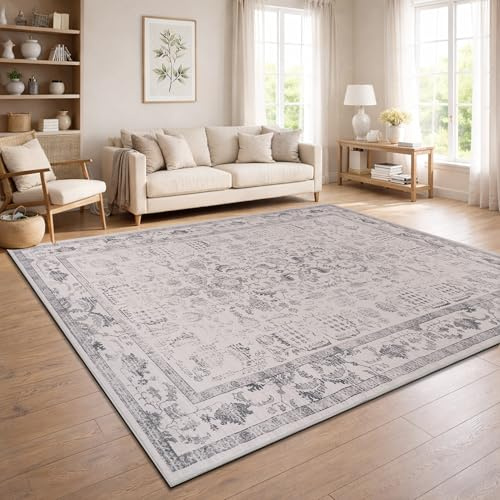 Paco Home Vintage Wohnzimmerteppich Kurzflor Boho Stil Waschbar & rutschfest pflegeleicht modernes Retro Design, Farbe:Silber, Größe:240x340 cm