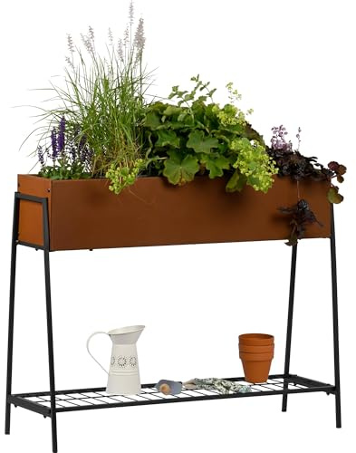dobar® Metall-Pflanzkasten auf Stelzen - Hochbeet in komfortabler Arbeitshöhe ca. 80 cm - Pflanzkübel in Edelrost-Optik als Raumtrenner für Garten, Balkon & Terrasse - 100 x 35 x 80 cm - Edelrost
