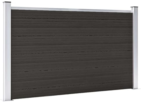 Panneau de clôture WPC noir 180x105 cm, 5 panneaux modulaires en composite bois-plastique, poteaux acier avec base, barrière extérieure extensible pour jardin et intimité sécurisée