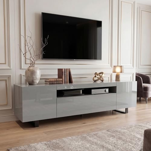 Blisswood High Gloss TV Unit, 180cm Large TV Stand Cabinet for 55–85 Inch TVs, Wooden TV Unit with Storage Cabinets & Open Shelves, Media Console Entertainment Centre Table for Living Room, Grey