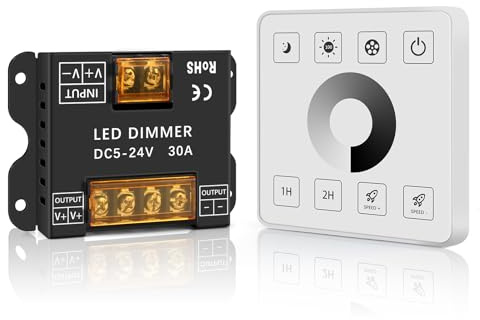 Taoellen RF Wireless Remote LED Dimmer, Single Color Controller, 5V-24V 30A | Touch Panel Wall Mount Dimmer Switch, Dimmable Controller, Compatible with Single Color LED Strip, Wireless Dimmer Switch