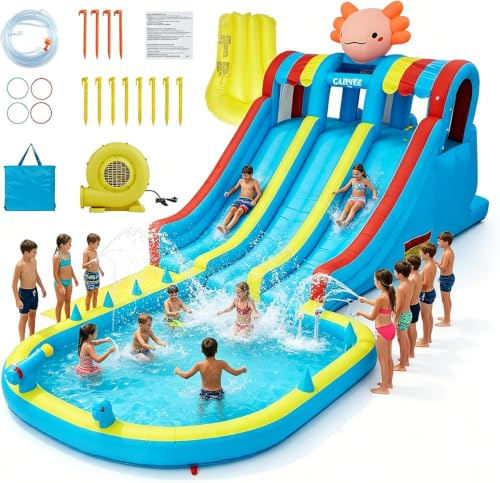 Castello Gonfiabile per Bambini Parco Acquatico Con uno scivolo e una piscina, Castello Gonfiabile Gioco d'Acqua 600 x 270 x 250 cm Capacità di Peso max. Grande Castello Gonfiabile per Bambini 3-12