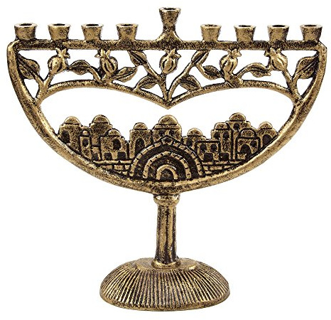 Ner Mitzvah Vintage-Aluminium-Kerze Menorah Passend für all Chanukka Kerzen Alten Jerusalem Design mit antiker Finish Gold