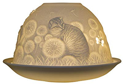 Nordic Lights Stencil Cat Porcelain Tealight Holder Dome | Candle Holder Projecting 3D Image Use With Scented Candle, LED Light | Perfect Living Room Decor Lights | Shade & Plate Set with Gift Box