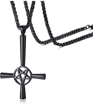 Herren Gothic Pentagramm Satanische Halskette : Edelstahl Pentagramm Satanic Satan Pagan Wiccan Inverted Cross Anhänger Halskette für Männer Halloween Weihnachten Geschenk, 24 Seilkette,Schwarz