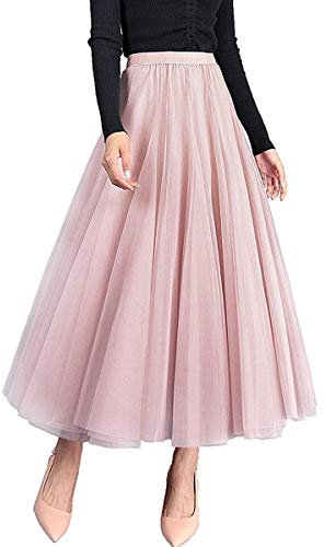 Geagodelia Tüllrock Damen Elegant Weiche Lange Sommerrock Maxirock Vintage Tütü Tüll Rock One Size 36/38/40 F-46925 (Pink)