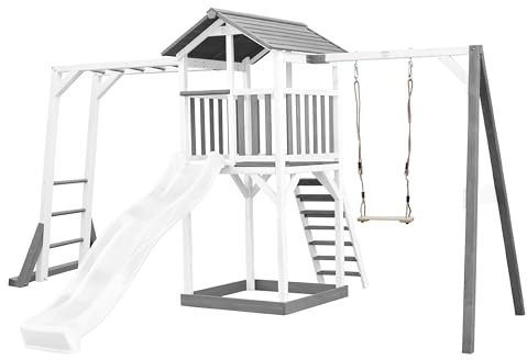 AXI Beach Tower Wooden Play Tower in Grey and White | Play tower with sandpit, climbing frame, swing and white slide | Play house on stilts for the garden