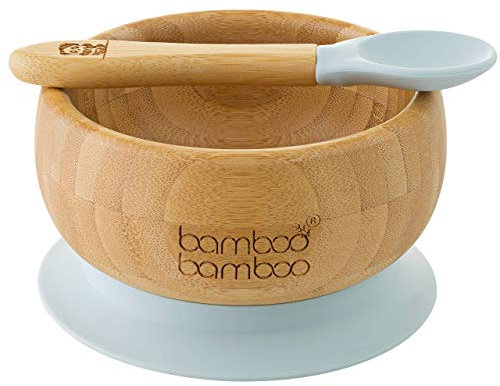 bamboo bamboo Ciotola Baby & Cucchiaio Set, Ciotole Svezzamento, Ciotola Ventosa con Anello Silicone, Ciotole Toddler con Cucchiaio Baby, Ciotola per Bambini da 6 Mesi (Grigio)