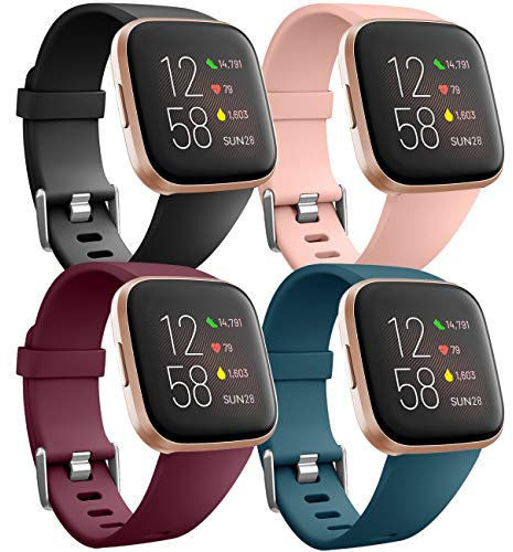 Ouwegaga Ersatz-Armbänder aus Silikon für Fitbit Versa/Fitbit Versa Lite Armband/Fitbit Versa 2, klein, Schwarz/Rosa/Rot/Schieferblau, 4 Stück