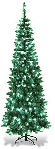 SHATCHI 4Ft/1.2m Pre-Lit Artificial Slim Christmas Green Pencil Tree, Pointed Tips, Metal Stand Cool White LEDs Lights Holiday Home Decorations, 120 cm