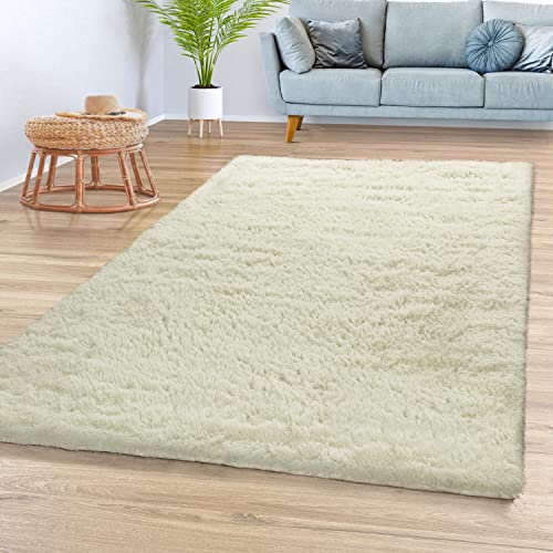 TT Home Teppich Wohnzimmer Hochflor Langflor Weich Soft Modernes Einfarbiges Design, Farbe:Weiß, Größe:80x150 cm