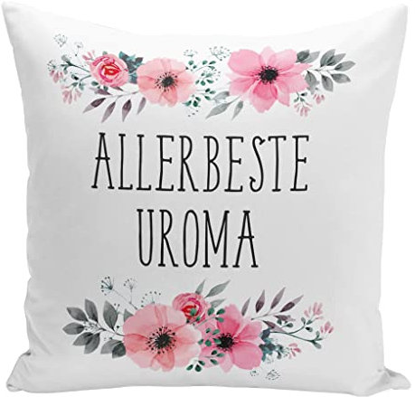 Tassenbrennerei Original - Kissen mit Spruch Allerbeste Uroma mit Blümchen - Waschbar - Deutsche Qualität - Geschenk Oma (Uroma)