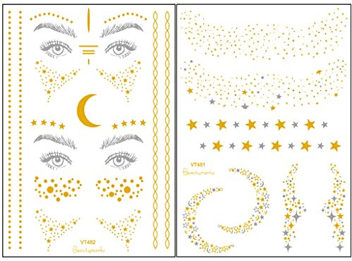 Feelairy 2 Stück Tätowierung Metallic Temporäre Tattoo Gesicht Gold, Wasserdichte Metallic Tätowierung Flash Tattoos Aufkleber, Glitter Tattoo Stickers für Frauen Mädchen Kinder Körperkunst