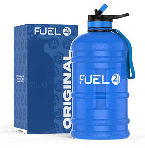 Fuel24 Jarra – Botella de agua de 2,2 litros – Material flexible extra fuerte – a prueba de caídas, opciones de tapa pop o popote – Botella deportiva grande de 2,2 L, sin BPA
