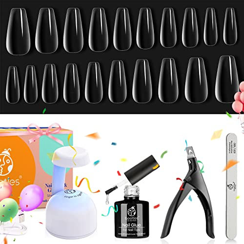 Beetles Easy Gel Tips Nail Extension Kit - 2 in 1 Glue Base Coat, Pre-shaped Medium Coffin Nails, UV LED Lamp, Acrylic Clipper for DIY Manicure Art