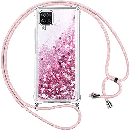 Vauki handyband für Samsung Galaxy A12 Hülle mit Band,Silikon Durchsichtig Transparent Flüssig Glitzer mit Kette Kordel Bumper Treibsand Necklace TPU Schutzhülle Case für Samsung A12,Rosa