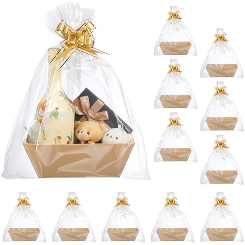 Thenshop Cesta de regalo vacía de 44 piezas para regalos, incluye 12 bandejas de cartón, 12 bolsas de plástico y 20 lazos para cumpleaños, boda, Acción de Gracias, Navidad, fiesta, bricolaje (sólido