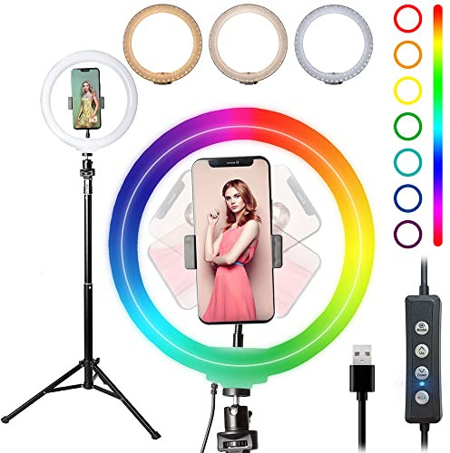 Starbea Anillo de luz para selfie de 10 pulgadas con soporte de trípode y soporte para teléfono, iluminación fotográfica, luz LED circular RGB para cámara de maquillaje, YouTube, Tiktok (RGB)