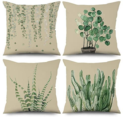 ASDCXZ Frühling Kissenbezug 40x40 cm 4er Set, Grün Eukalyptusblätter Kaktus Aloe Beige Sofa Dekokissen Kissenbezüge Kissenhülle Waschbar Polyester Flachs Textil Outdoor Kopfkissenbezug Kissen Bezug