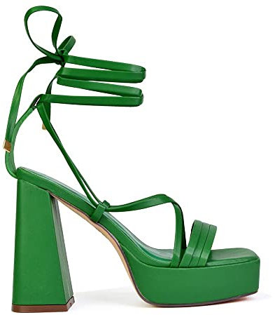 Womens Platform Lace Up Sandals Ladies Block High Heel Square Toe Green Party Shoes Size 6