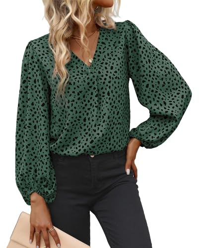 EGRETLAC Langarm-Blusen für Damen, Leopardenmuster, Chiffon, V-Ausschnitt, lockere Business-Shirts, Freizeit, Arbeit, Tunika, Grün , Groß