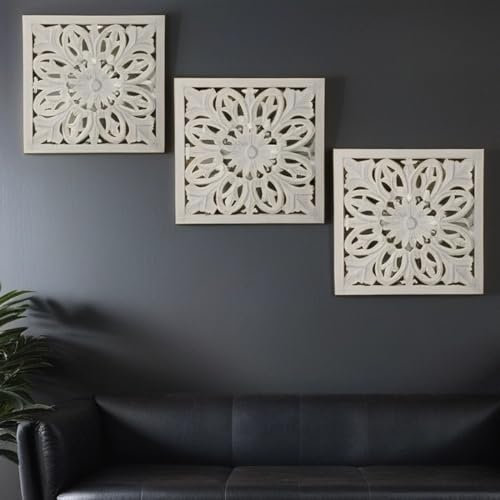MARRAKESCH 3er Set Wandbild Wanddeko aus Holz 40cm gross Ornament Adarsch Shabby Weiss als Orientalische Dekoration